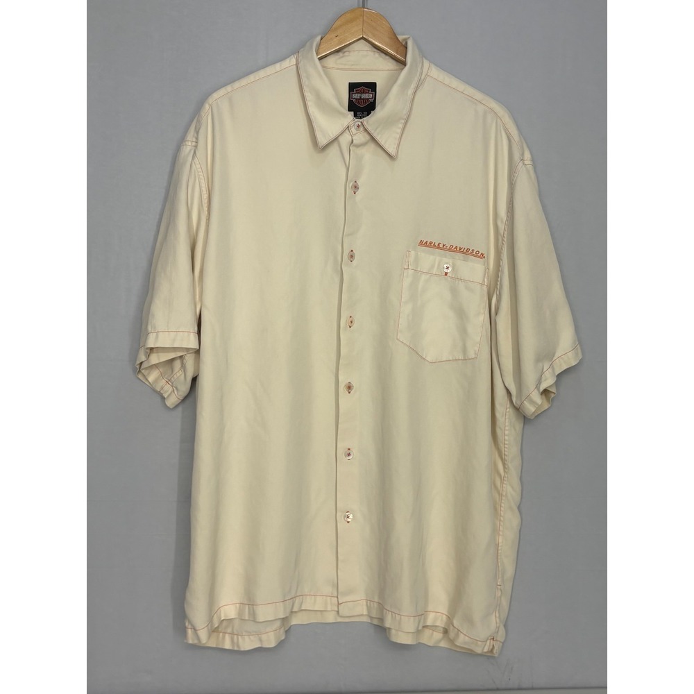 Y2K Harley-Davidson Silk Button-Up Shirt Mens Ivory Short Sleeve Embroidered 2XL